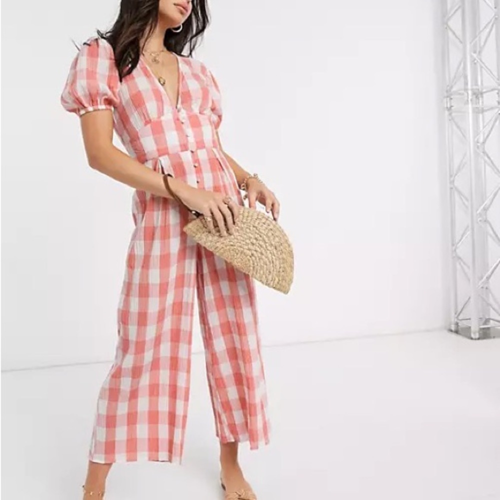 ASOS Pink gingham wide leg jumpsuit puff sleeve